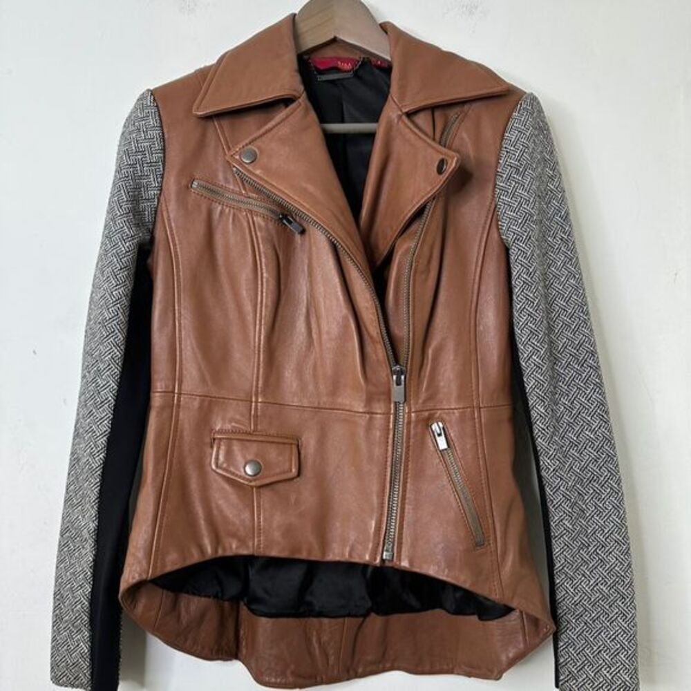 G.I.L.I. Size 4/SM Leather Woven Sleeves Zip Front Mandarin Collar Moto Jacket
